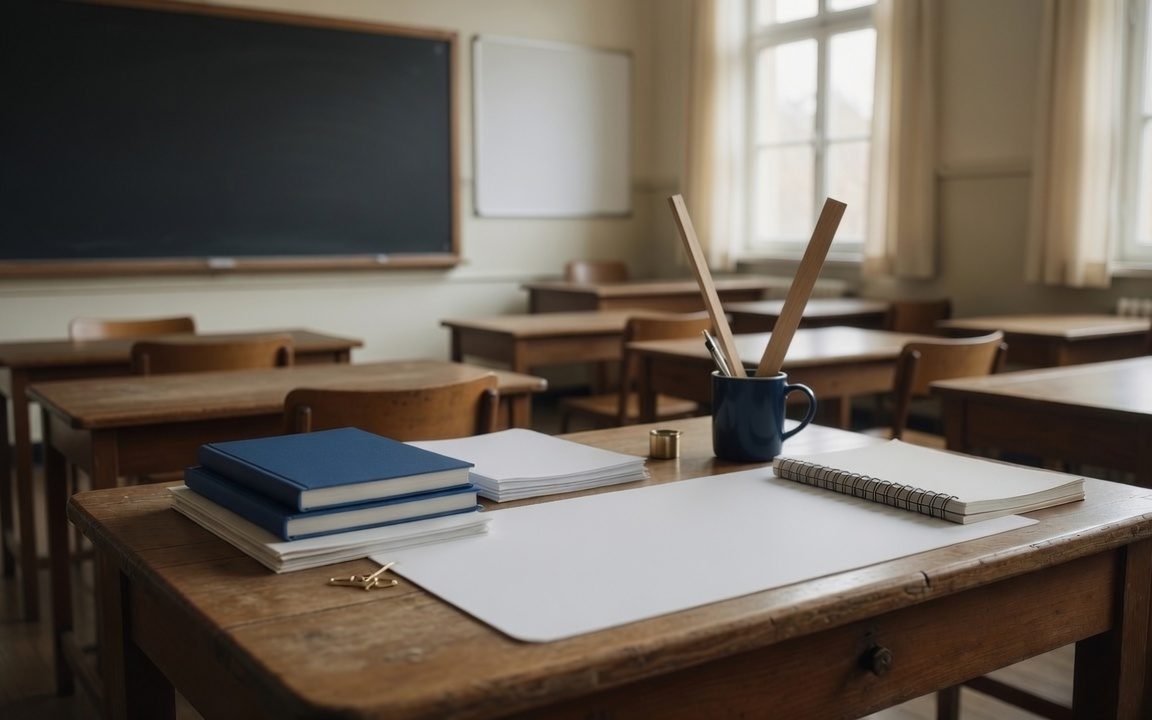 Materiais de sala de aula sobre a mesa do professor, área de Direito dos Professores